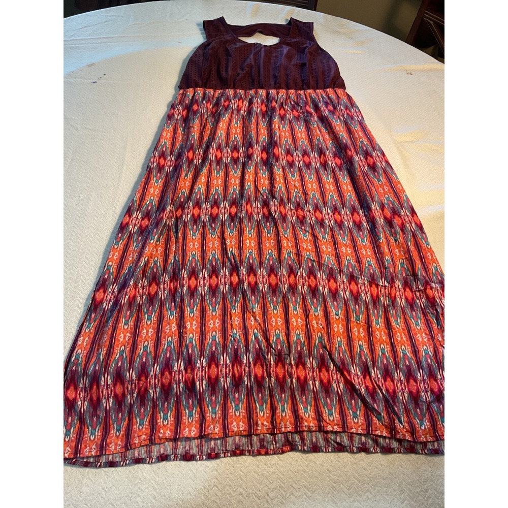 Faded Glory Womens 3X Plus Lace Bodice Ikat Print Maxi Dress Burgundy Orange